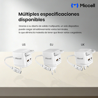 Chargeur rapide Miccell 45 W GaN avec câble USB-C rétractable et double sortie, adaptateur universel pour les voyageurs.