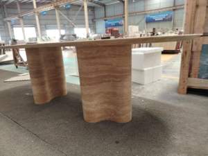 SH STONE Diseño personalizado Muebles ovalados Piedra natural Beige Travertino Grandes mesas de comedor de mármol de lujo - Product Image 5