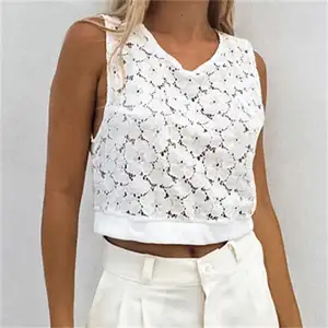 Wholesale White Buttoned Cropped Summer Ladies Tops 2024 Latest Design Clothing De Mujer Femme Cotton Lace Crop Tank Top Women