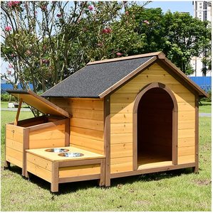 Hundehütte Holz im Freien mit Veranda Food Bowl Birds String Solid Home Blockhaus Stil Zwinger Wetter beständig Wasserdicht - Product Image 2