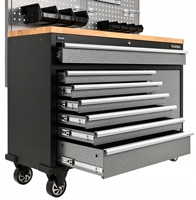 Coffre à outils roulant robuste à 7 tiroirs, établi avec panneau perforé et plateau en bois, rangement mobile pour garage et atelier