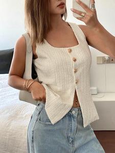 <span class=keywords><strong>Chaleco</strong></span> sin Mangas con Logotipo Personalizado, Estilo Francés Chic, Color <span class=keywords><strong>Beige</strong></span> Texturizado, Corte Entallado, Transpirable, con Botones, Jacquard, para <span class=keywords><strong>Mujer</strong></span> - Product Image 5