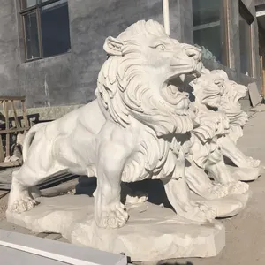 Garden Decoration Natural Stone Carved Marble Sunset Red Marble Roaring Lion Statues
