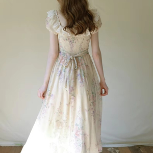 Abiti lunghi in pizzo con volant e svasati con stampa beige <span class=keywords><strong>balza</strong></span> un <span class=keywords><strong>abito</strong></span> floreale A linea - Product Image 3