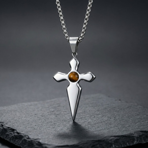 Collana con Ciondolo a Croce in Pietra Naturale Occhio <span class=keywords><strong>di</strong></span> Tigre, Catena in Acciaio Inossidabile Placcato Oro Personalizzata, Accessori <span class=keywords><strong>Maschili</strong></span> MGXL573 - Product Image 5