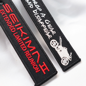 Wholesale Racing Brand Double Sides Slogan Embroidery Jet Tag Keychain Custom Letter Logo Motorcycle Theme Embroidered Keychain - Product Image 4