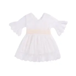 Lente Meisjes Bruidsmeisje Witte Jurk Baby Peuter Kids Knielengte Fashion Party Kanten Lange Mouw Strik Bruiloft Prinses Jurken