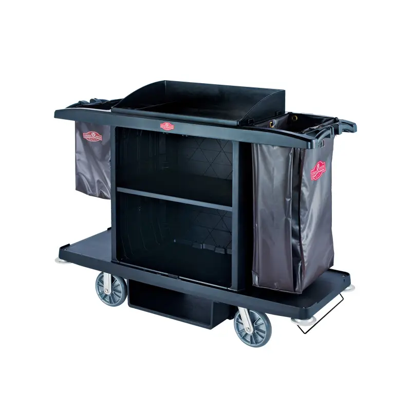 Carrito multifuncional de limpieza sanitaria de plástico para habitación de Hotel, carrito de limpieza negro Rubbermaid, equipo de carrito de conserje