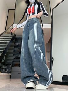Jeans Retro <span class=keywords><strong>de</strong></span> Pierna Ancha con Rayas Laterales para <span class=keywords><strong>Mujer</strong></span>, Pantalones Vaqueros Holgados <span class=keywords><strong>de</strong></span> Cintura Alta, Pantalones Casuales <span class=keywords><strong>de</strong></span> Estilo Urbano - Product Image 3