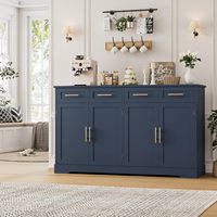 Buffet de cuisine bleu haut avec 4 tiroirs, grand meuble de bar à café, table de buffet moderne pour salle à manger et salon