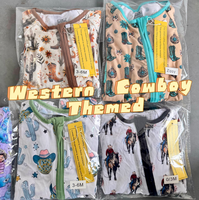 Cozy West RTS Mystery Box Bamboo Adhesive Western Farm Printed Zipper Jumpsuit and Short Sleeve Set for Babies