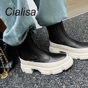 Cialisa-zapatos de piel de vaca auténtica para mujer, botas planas con <span class=keywords><strong>plataforma</strong></span> y tacón grueso, botines tobilleros cortos sin cordones, color rosa y <span class=keywords><strong>blanco</strong></span> - Product Image 1