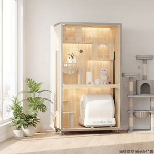 Villa pour chat moderne de luxe en bois et verre, mobilier multifonctionnel avec porte en verre trempé pour salon, repos et jeu - Product Image 2