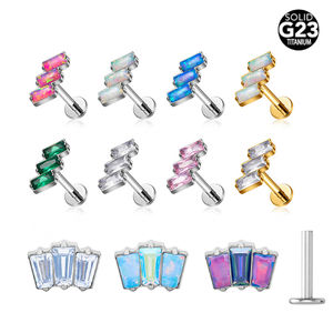ASTM F136 Titanium CZ Triple Zirconia Opal Flat Back <span class=keywords><strong>Labret</strong></span> Body Jewelry Push-Internally Threaded Oor- en Lipring - Product Image 1