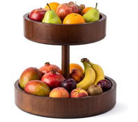 Hoogwaardige decoratieve 2-laags ronde houten fruitschaal, houten fruitschaal voor aanrecht voor het presenteren van fruit, snacks en brood