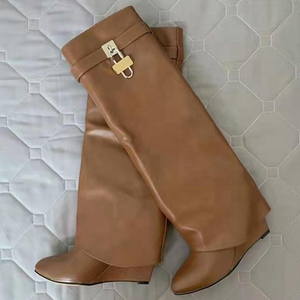 Ins Hot Selling Genuine Leather Boots Soft Overlay Slip-on Wedge Heel <b>Shoes</b> Women's Knee High Boots Metal Decoration Size 43 - Product Image 3