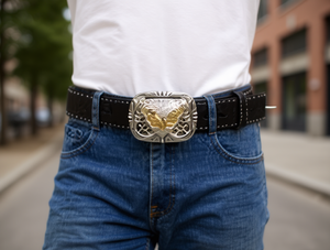 Fibbia in metallo argentato da 5,0 cm di larghezza, stile rotondo con accenti dorati per abbigliamento maschile - Product Image 2