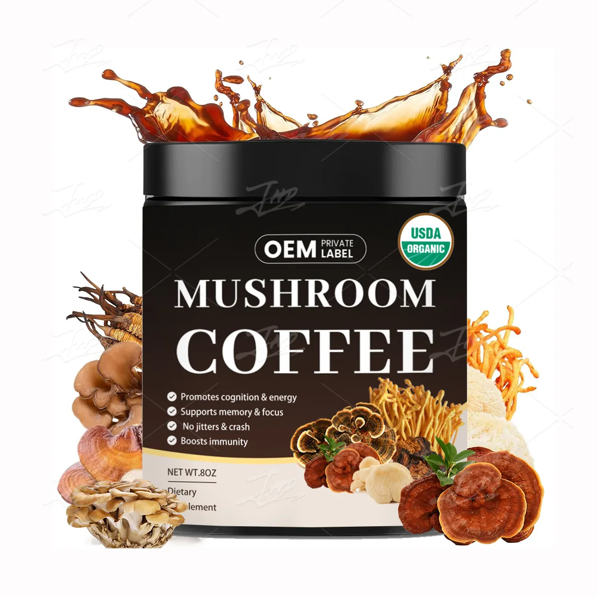 OEM 10 en 1 Mushroom Coffee Etiqueta privada con 10 Superfood Lions Mane Reishi Chaga Cordyceps Shiitake Maitake Café instantáneo