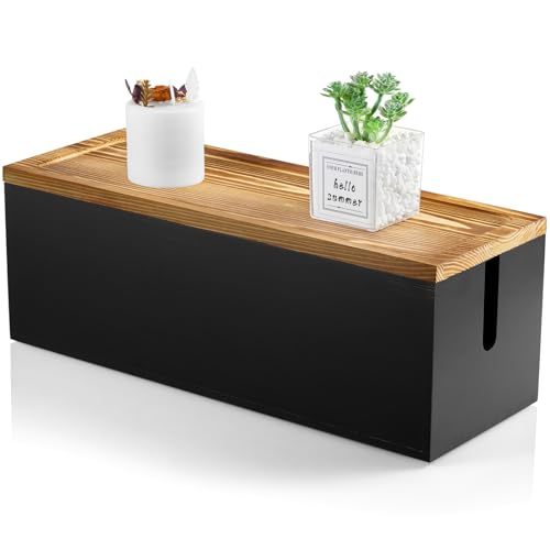 Large Cable Management Box Wooden Cord Organizer Box for Desk Floor Office to Hide Power Stripes Surge Protectors Chargers Wires