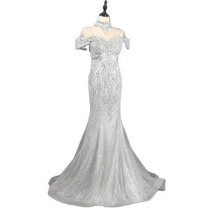 Gaun malam wanita, grosir gaya wanita mewah gemerlap manik-manik berlian imitasi elegan abu-abu panjang pesta Prom - Product Image 3