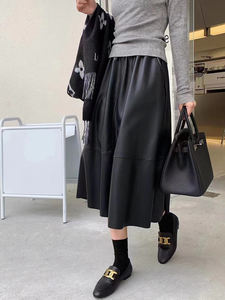 Nouvelle mode de jupes longues <span class=keywords><strong>en</strong></span> <span class=keywords><strong>cuir</strong></span> véritable noir taille haute grande taille pour femmes - Product Image 5