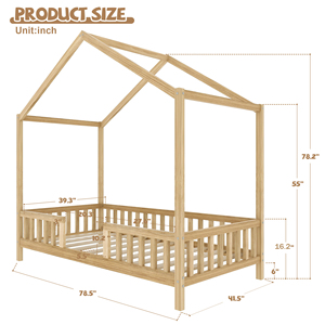 <span class=keywords><strong>Lit</strong></span> de sol Montessori Twin House en bois naturel, cadre de <span class=keywords><strong>lit</strong></span> pour enfants avec baldaquin, toit et barrières de sécurité, pour chambre d'enfant et chambre à coucher - Product Image 2