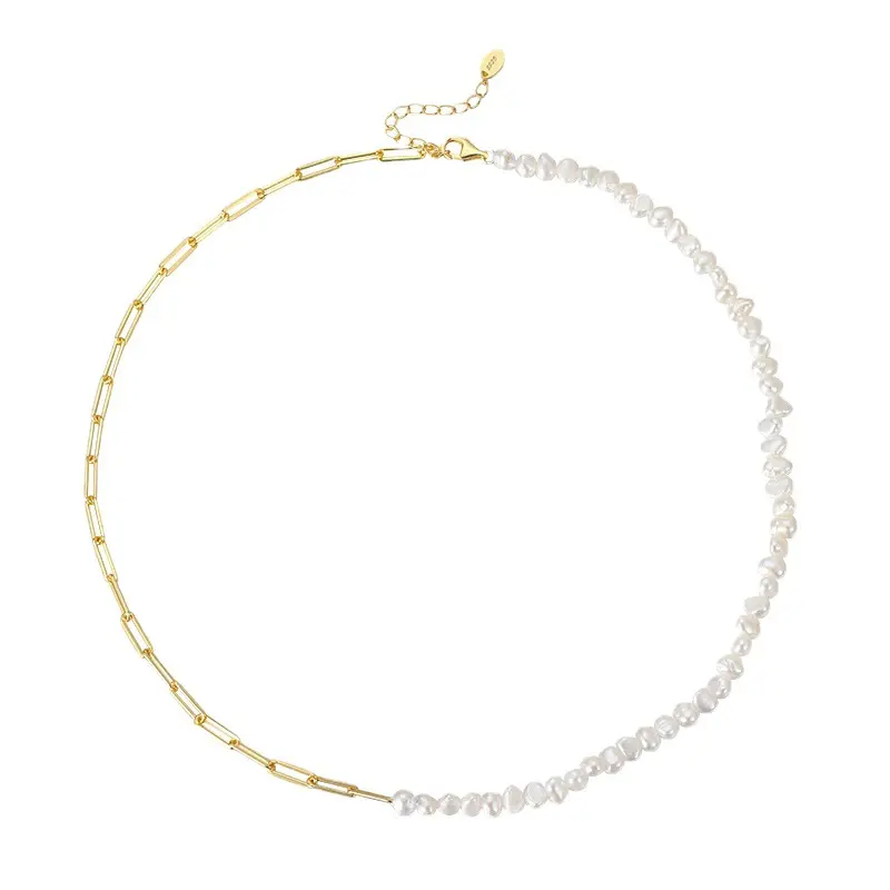 New Trendy Gold Plating 925 Sterling Silver Chain Necklace Ins Elegant Natural Freshwater Pearl Choker Necklace