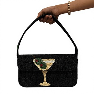 Handcrafted <b>Black</b> Beaded Shoulder <b>Bag</b> Martini Glass Cocktail Motif <b>Evening</b> Handbag Long Strap Women Wholesale Supplier - Product Image 1