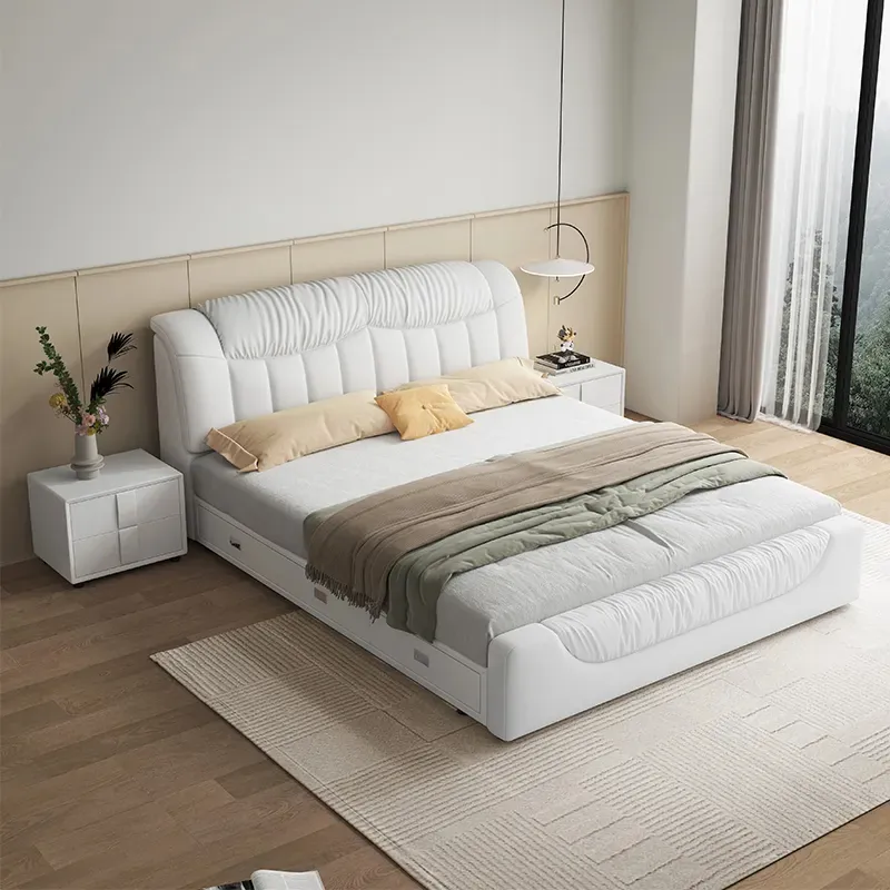 Luxe Noordse Stijl Gebogen Hoofdeinde Bed Nieuwste Houten Frame King Queen Dubbel Bed Wit Leer Gestoffeerd Zacht Bed