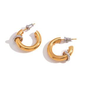 C-Shaped <b>Huggie</b> Earrings Stainless Steel Gold Tone With <b>Silver</b> Ring Detail Fashion Hoop Earrings - Product Image 5
