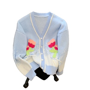 Spring and Autumn Versatile and Niche Sweater Top Sweet and Stylish Design V-neck <strong>Flower</strong> Bow Knit <strong>Cardigan</strong> for Women