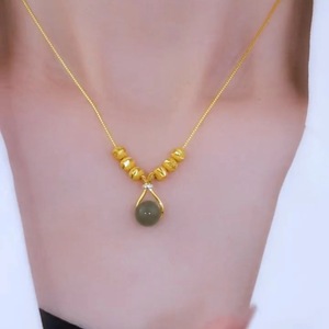 Hetian Jade Lucky Bag Necklace Women's Gold Chain Ball Pendant Everyday Wear Geometric Design Claw Setting XL-137 - Product Image 3