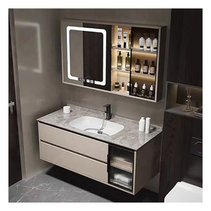 Meuble de salle de bain intelligent noir avec vitrine en verre, lavabo blanc sur comptoir, corps de meuble suspendu - Product Image 3