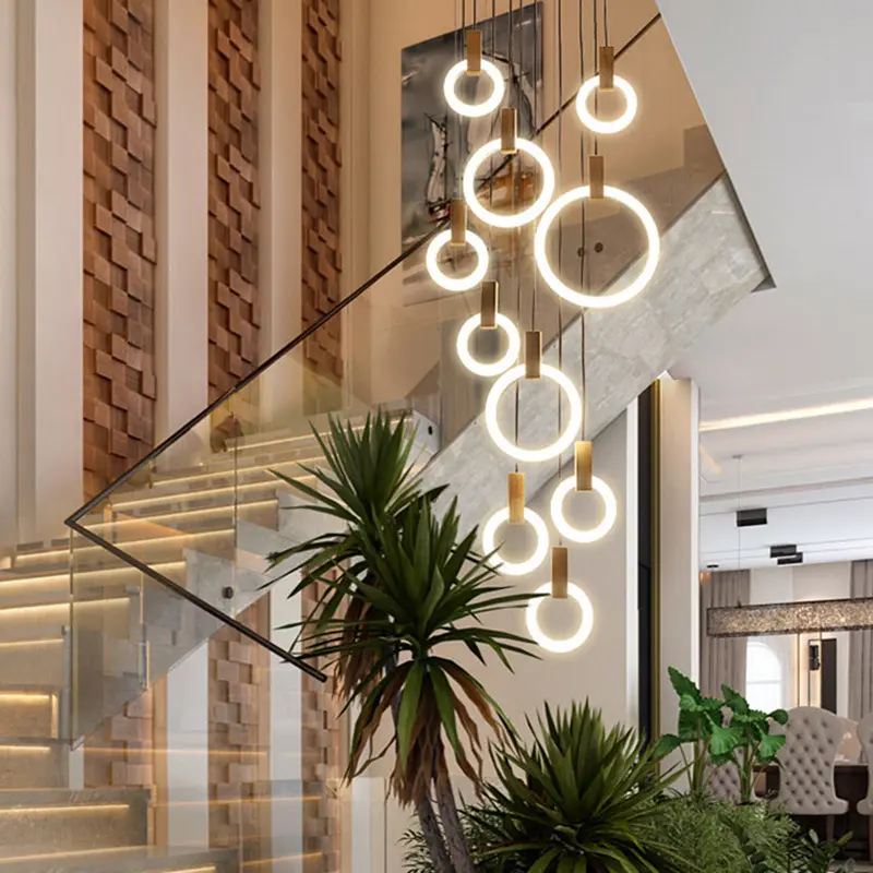 Contemporary nodic long stair villa wood round shape yellow white led chandelier pendant light