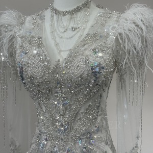 Wx449 Feather Mermaid <b>Wedding</b> Dress Deep V Neck Beaded Pearl Cuff Sheer Sleeve Sparkling Train Jancember - Product Image 4
