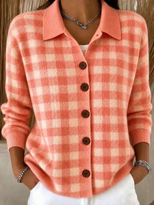 Cardigan en tricot à carreaux bleu clair pour femme, pull boutonné à col et manches longues, haut d'automne et d'hiver - Product Image 3