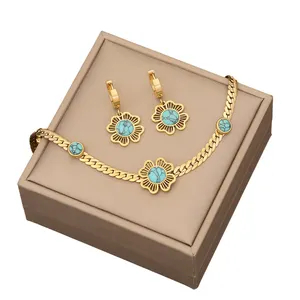 Turquoise acier inoxydable fleur tour de cou serpent chaîne mode 18k plaqué or collier Bracelet boucle d'oreille ensembles de bijoux pour les femmes