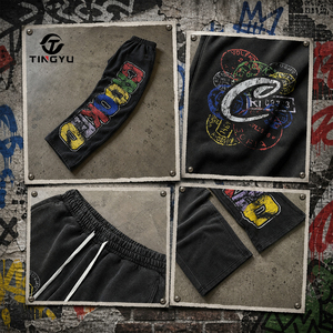 Pantalon de survêtement droit noir pour homme, taille élastique avec cordon de serrage, streetwear, logo imprimé, délavé, 100% coton épais, décontracté - Product Image 4