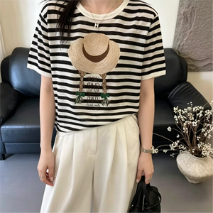 New <strong>Black</strong> <strong>and</strong> <strong>White</strong> <strong>Striped</strong> Knit T-Shirt for Women, Loose Slimming Breathable Versatile Short <strong>Sleeve</strong> <strong>Top</strong>, Casual Summer Tee - Product Image 6