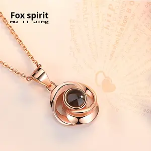 Collier en argent S925 avec chaîne en os de serpent rose, style naturel, pour femmes, pendentif de projection « Je t'aime » en 100 langues - Product Image 2