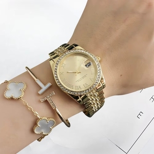 Reloj Analógico de Acero Inoxidable para Mujer, con Pedrería, Tono Dorado, Esfera con Números Romanos y Visualización de Fecha, Elegante y de Lujo para Fiestas - Product Image 6