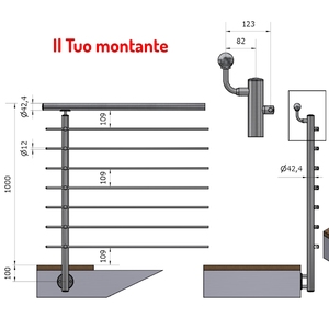 Main courante verticale A4-L P110132-7 7 traverses Poli AISI 316 Acier inoxydable Ø 42.4 Offset Fixation latérale Balustrades Main courante - Product Image 1