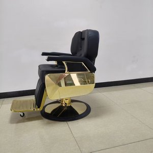 Fauteuil de Barbier Moderne en Similicuir Noir avec Structure Métallique Dorée, Hauteur Réglable, Pompe Hydraulique, Base Ronde, Mobilier de Salon - Product Image 2