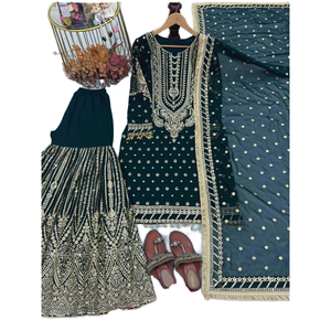 Ensemble Plazzo & Dupatta pour femmes de créateur Top lourd en fausse georgette Look élégant de tenue de soirée - Product Image 1