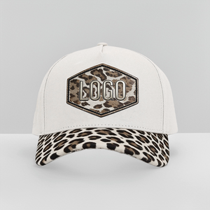 Gorra de Béisbol de 5 Paneles, Bicolor, con Corona Alta, Bordado de Logotipo en Parche de Cuero Personalizado, Diseño de Camuflaje de <span class=keywords><strong>Leopardo</strong></span>, Estructurada, 100% Algodón, Venta al Por Mayor - Product Image 3