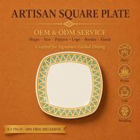 Assiette carrée en mélamine à coins arrondis 8,5 pouces, style rétro géométrique, empilable compacte, couleur Cuivre Saphir Peak, pour repas scolaire, Fournisseur OEM ODM