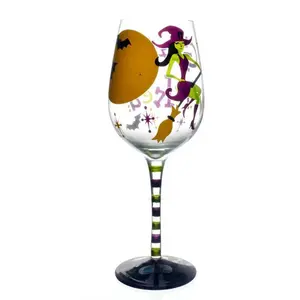 New products hand painted halloween wine glass with witch and bat design