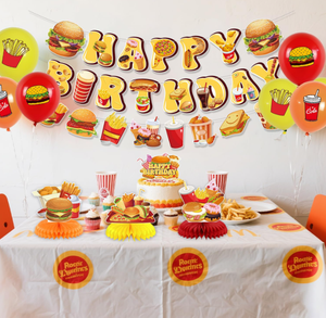 Decoración para Fiesta de Cumpleaños de Comida Rápida: Banderas de <span class=keywords><strong>Hamburguesas</strong></span>, Guirnaldas, Centros de Mesa de Panal, Adornos para Cupcakes y Pasteles, Globos Impresos y Juguetes Decorativos - Product Image 3