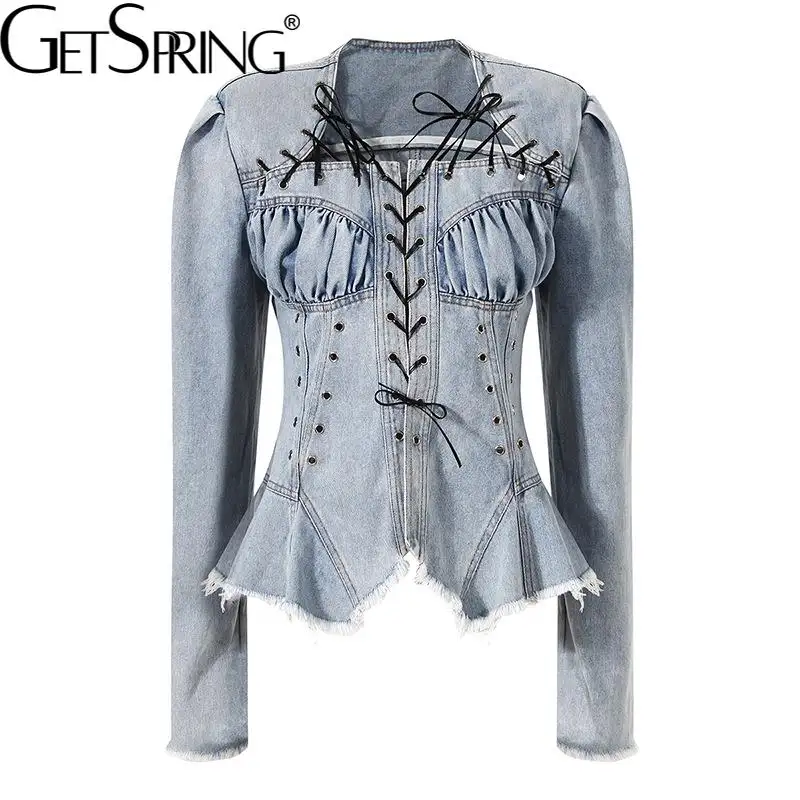 Getspring Women Coat Bandage Irregular Short Denim Coats And Jackets Square Collar Drawstring Retro Spring/Autumn Jeans Jackets