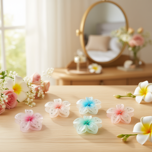 Fermaglio per capelli a forma di fiore di frangipani colorato effetto gelatina da 8 cm con strass - Product Image 2